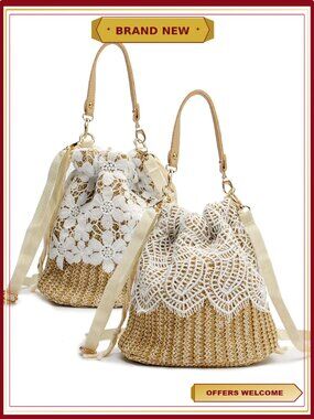 Straw Handbag Summer Beach Bucket Bag Lace Woven Drawstring Purse